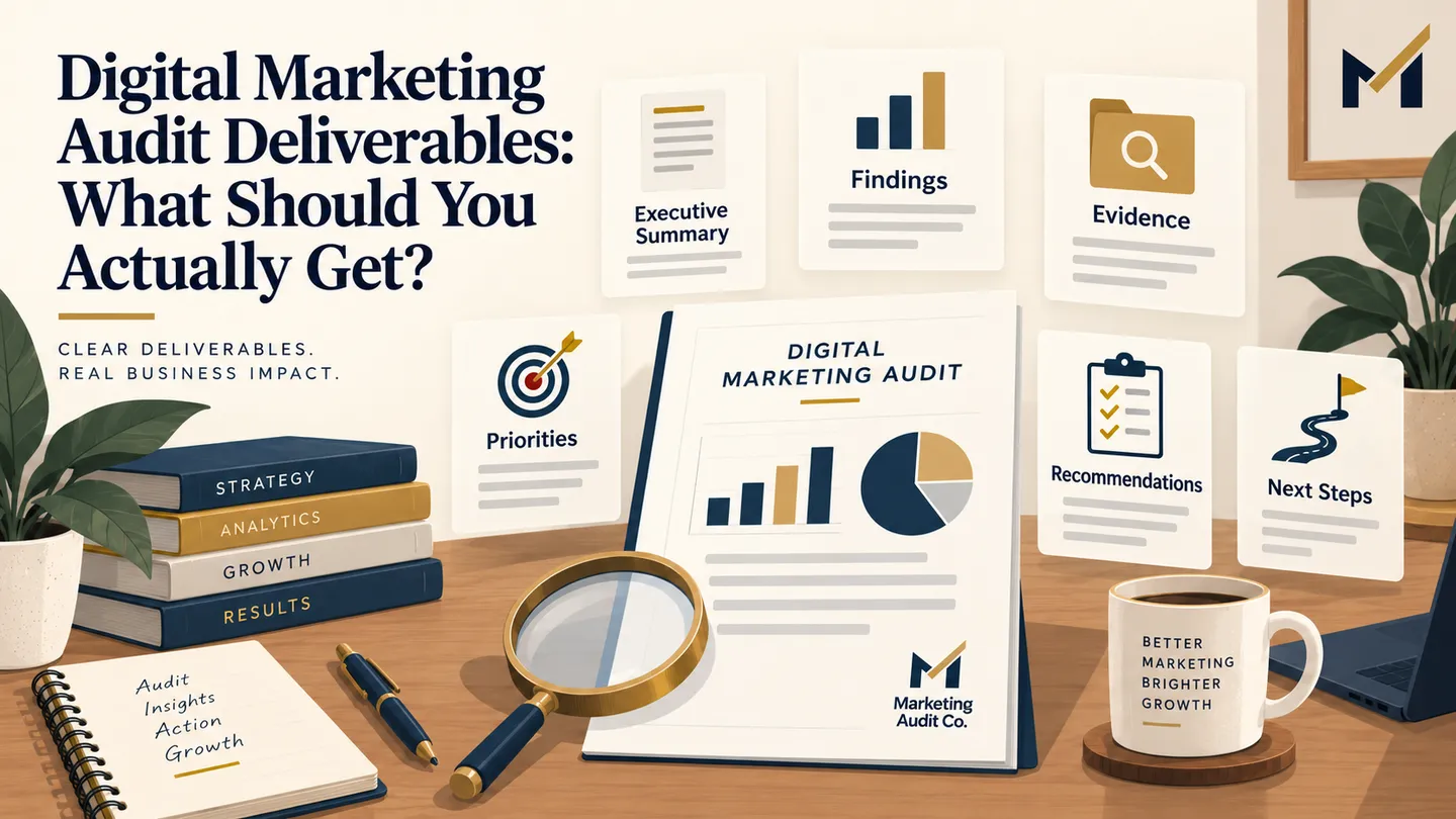 Digital marketing audit report surrounded by executive summary, findings, evidence, priorities, recommendations and next steps.